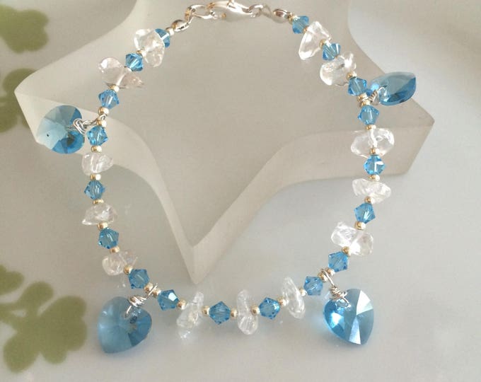 Aqua blue Swarovski crystal heart bracelet with clear Rock Crystal Sterling Silver