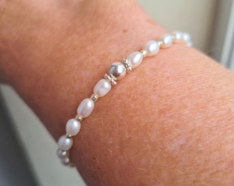 Small Freshwater Pearl STRETCH Bracelet Sterling Silver  Gold Fill real white rice pearl Bracelet June Birthstone 3rd pearl anniversary gift