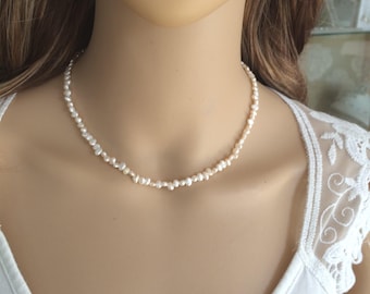 Tiny Freshwater Pearl choker necklace with Sterling Silver or 14K Gold Fill clasp -  June Birthstone jewellery gift