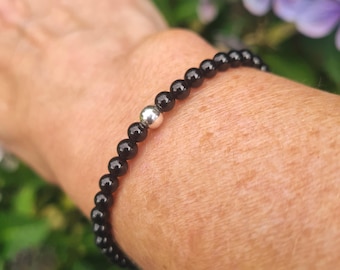 Black Tourmaline Sterling Silver stretch Bracelet or Gold Fill tiny black GEMSTONE bead Bracelet October Birthstone jewellery for him or her