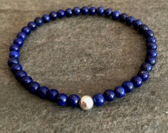 Blue Lapis stretch Bracelet with Sterling Silver or Gold Fill bead - Lapis Lazuli September Birthstone jewellery gift for her or him chakra