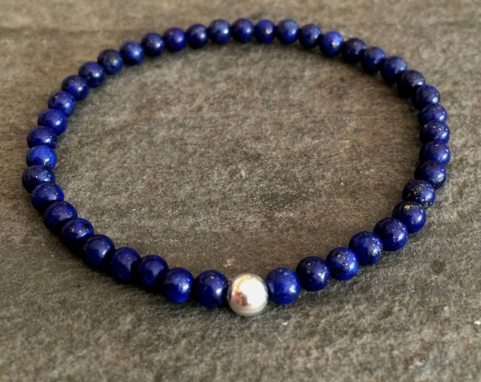 Blue Lapis stretch Bracelet with Sterling Silver or Gold Fill bead - Lapis Lazuli September Birthstone jewellery gift - Brow chakra