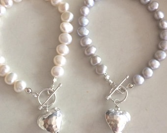 Baroque Freshwater Pearl bracelet Sterling Silver hammered heart real large grey or white or Peacock Black pearl bracelet - June Birthstone