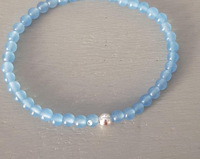 Blue Jade stretch Bracelet Sterling Silver or Gold Fill tiny 4mm blue gemstone bead bracelet stacking Heart chakra healing jewellery gift