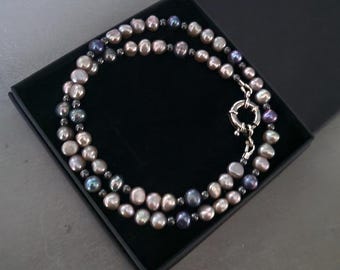 Grey and Blue Freshwater Pearl necklace Silver large real Baroque and Peacock pearl & Hematite bead necklace June Birthstone jewellery gift