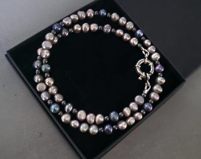 Grey and Blue Freshwater Pearl necklace Silver large real Baroque and Peacock pearl & Hematite bead necklace June Birthstone jewellery gift