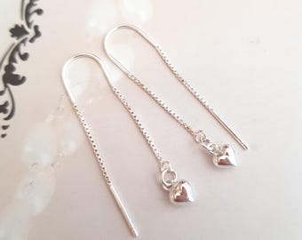 Tiny Sterling Silver heart threader earrings Silver heart threaders for wife girlfriend teenage girl daughter Valentine jewellery gift boxed