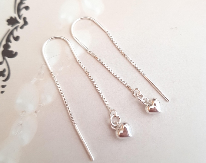 Tiny Sterling Silver heart threader earrings Silver heart threaders for wife girlfriend teenage girl daughter Valentine jewellery gift boxed