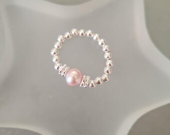 Pink Freshwater Pearl Sterling Silver stretch ring Gold small pearl ring June BIRTHSTONE jewellery gift beaded Chakra jewellery gift for her