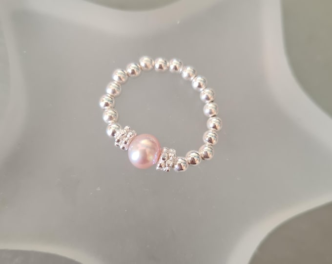 Pink Freshwater Pearl Sterling Silver stretch ring Gold small pearl ring June BIRTHSTONE jewellery gift beaded Chakra jewellery gift for her