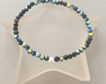 Black AB crystal stretch bracelet Sterling Silver or diamante tiny 4mm black crystal stacking bead bracelet jewellery gift for her girl her