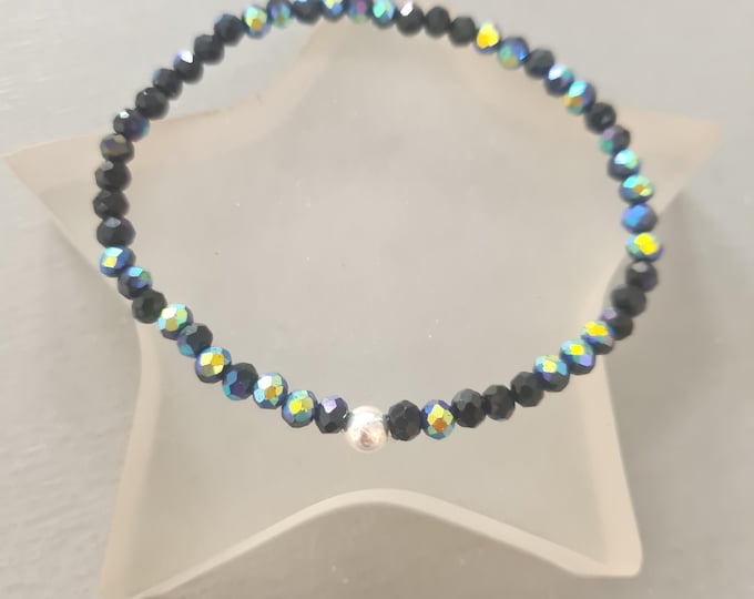 Black AB crystal stretch bracelet Sterling Silver or diamante tiny 4mm black crystal stacking bead bracelet jewellery gift for her girl her