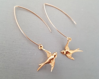 24K Gold Vermeil bird earrings long hooks small swallow bird earrings Handmade Gold Fill bird earrings dainty Gold bird jewellery gift girl