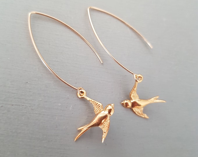 24K Gold Vermeil bird earrings long hooks small swallow bird earrings Handmade Gold Fill bird earrings dainty Gold bird jewellery gift girl