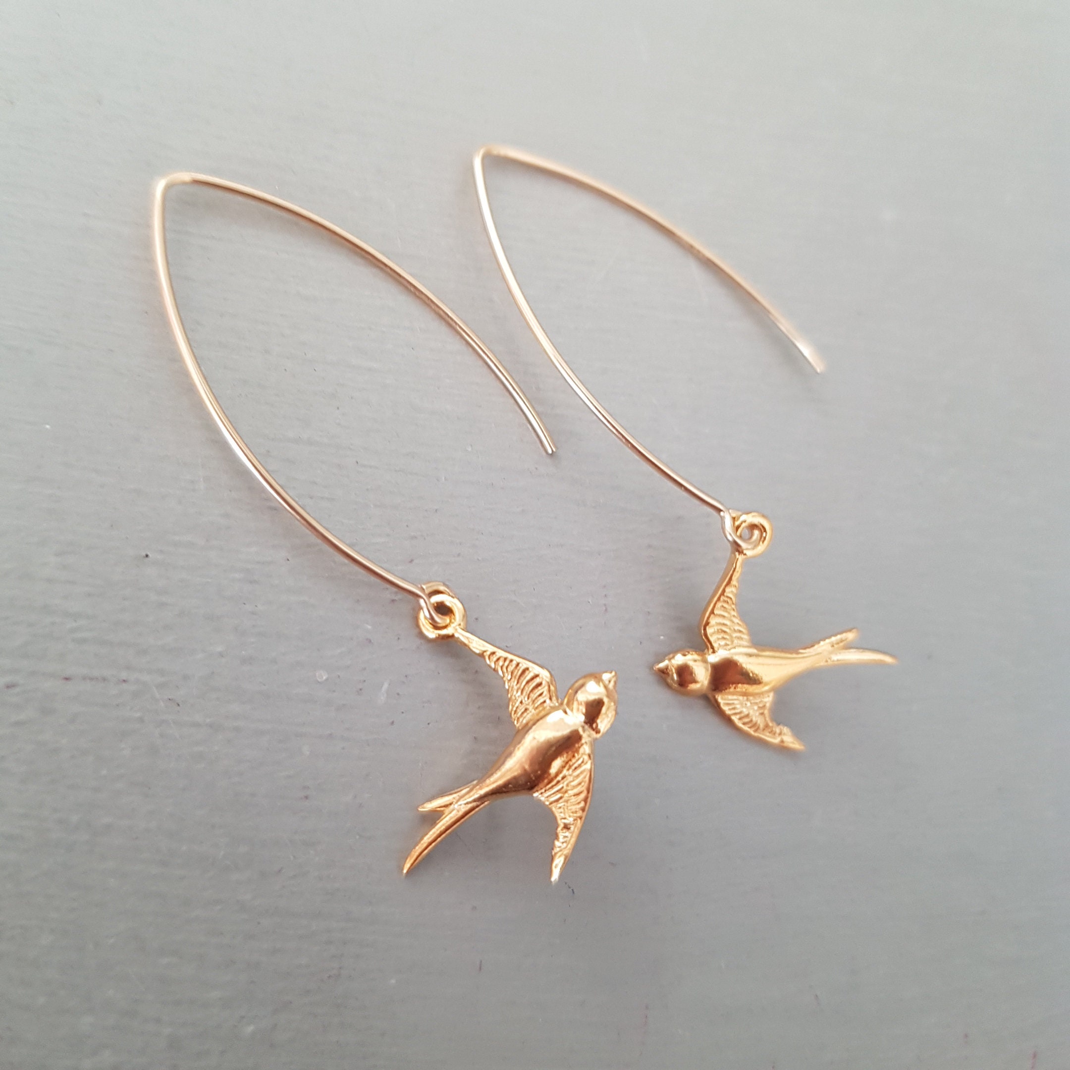 24K Gold Vermeil Bird Earrings Long Hooks Small Swallow Bird