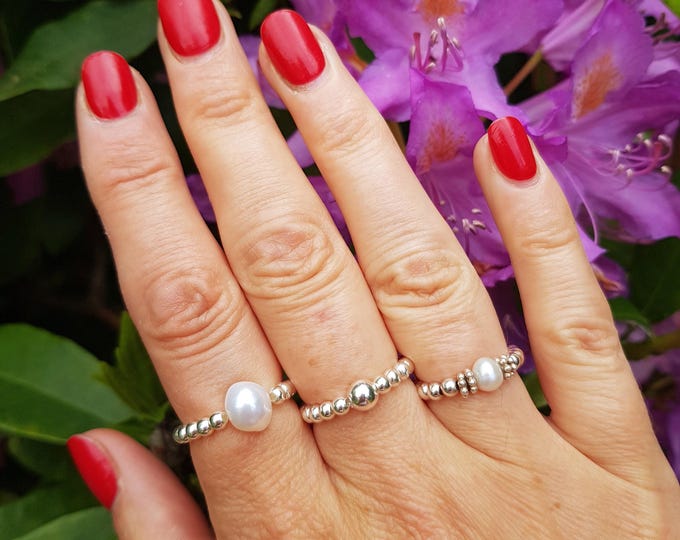 Baroque Freshwater Pearl stretch ring Sterling Silver or Gold beaded stacking pearl ring large white or grey June Birthstone jewellery gift