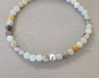 Tiny 4mm natural green Amazonite gemstone bead stretch Bracelet Sterling Silver or 14K Gold Fill - heart CHAKRA Healing Jewellery gift