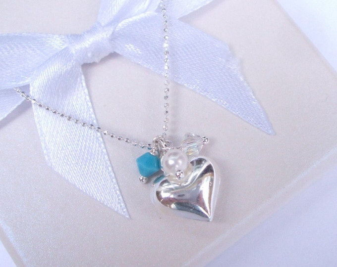 Sterling Silver heart necklace with Freshwater pearl and personalised Birthstone Crystal