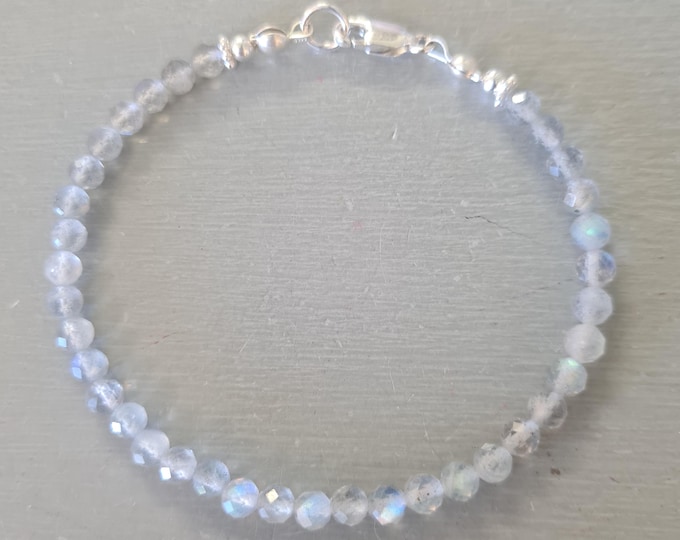 Tiny 4mm AA faceted Labradorite bead bracelet Sterling Silver or 14K Gold Fill - grey Labradorite gemstone jewellery gift for her