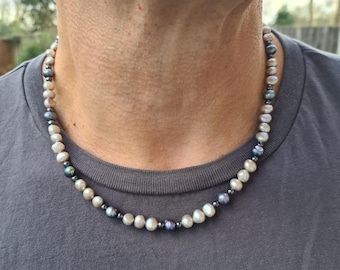 Freshwater Pearl necklace for men Silver Grey and Black Baroque pearl necklace for him real pearl June Birthstone men's jewellery gift