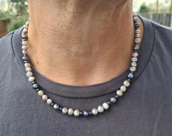 Freshwater Pearl necklace for men Silver Grey and Black Baroque pearl necklace for him real pearl June Birthstone men's jewellery gift