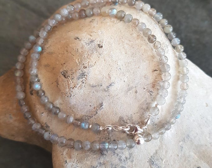 Tiny 4mm Labradorite grey gemstone bead necklace Sterling Silver or 14k Gold Fill - real flashy Labradorite Chakra jewellery gift