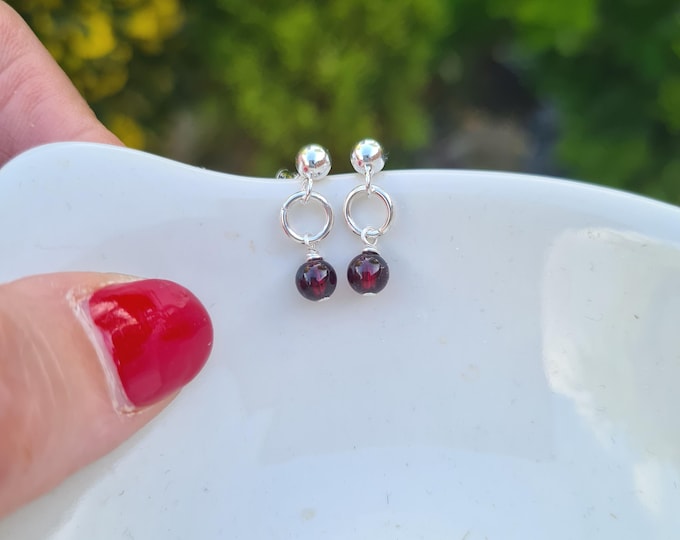 Tiny red Garnet earrings Sterling Silver or Gold Fill stud 4mm dark red gemstone bead drop earrings  - January Birthstone jewellery gift