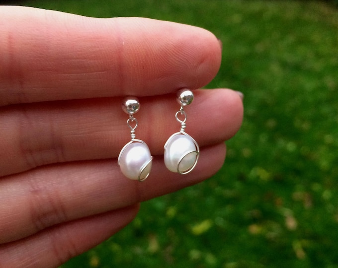 White Baroque Freshwater pearl earrings Sterling Silver Gold Fill wire wrapped pearl drop earrings real pearl June Birthstone jewelry gift