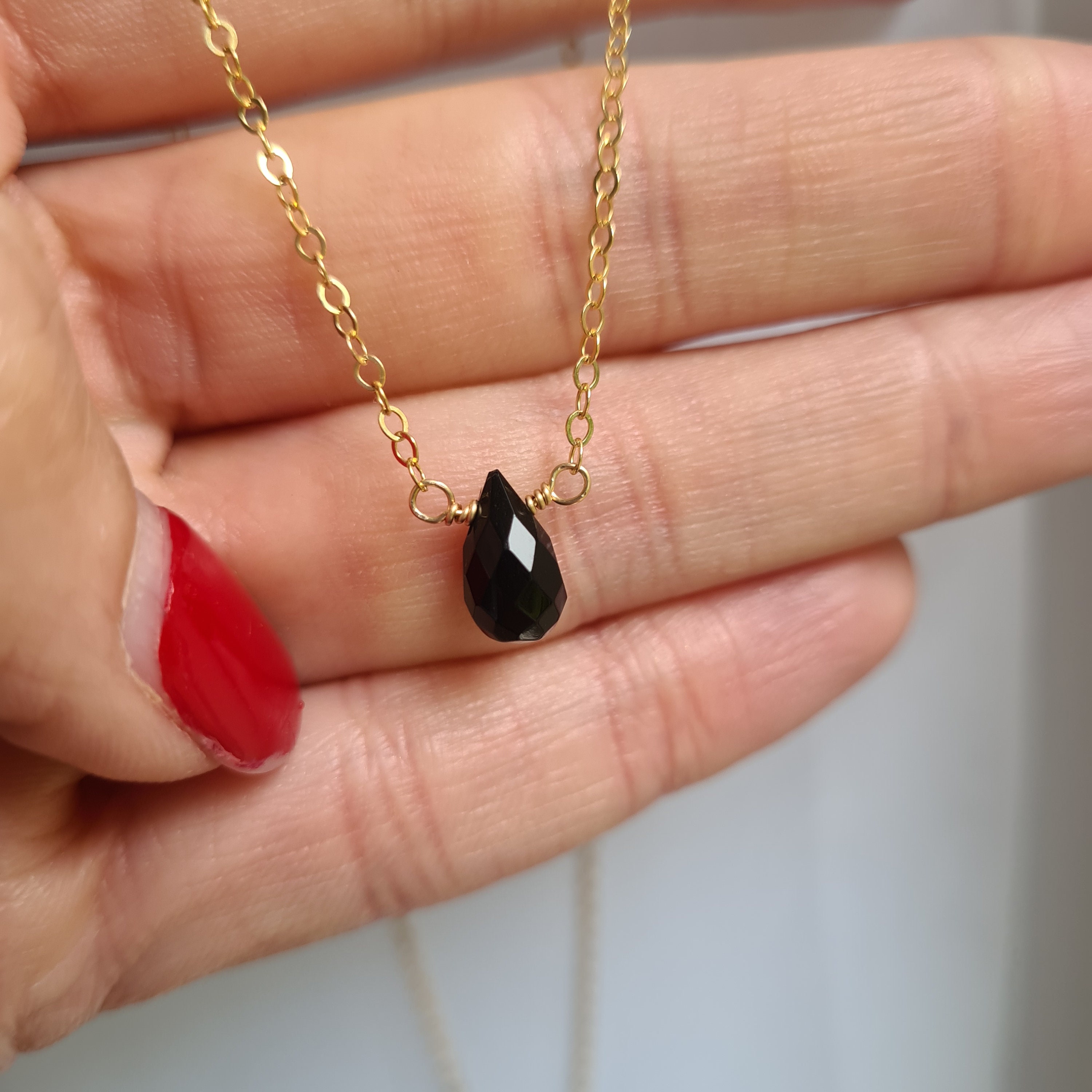 14K Gold Fill Black Onyx necklace choker Small tiny black gemstone necklace Onyx teardrop necklace dainty pendant jewellery gift for her