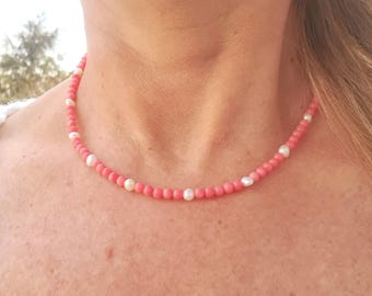 Tiny pink Coral and Freshwater Pearl necklace choker Sterling Silver or Gold Fill 4mm pink gemstone bead necklace Honeymoon jewellery gift