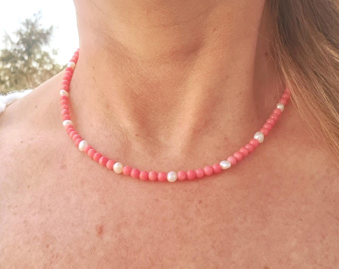 Tiny pink Coral and Freshwater Pearl necklace choker Sterling Silver or Gold Fill 4mm pink gemstone bead necklace Honeymoon jewellery gift