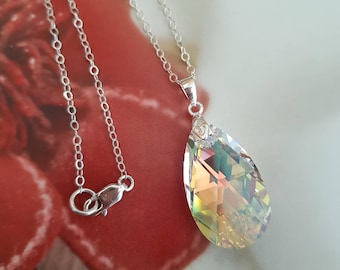 Silver AB crystal teardrop Necklace - large AB clear Primero crystal pendant  Sterling Silver chain customised length gift box for mum