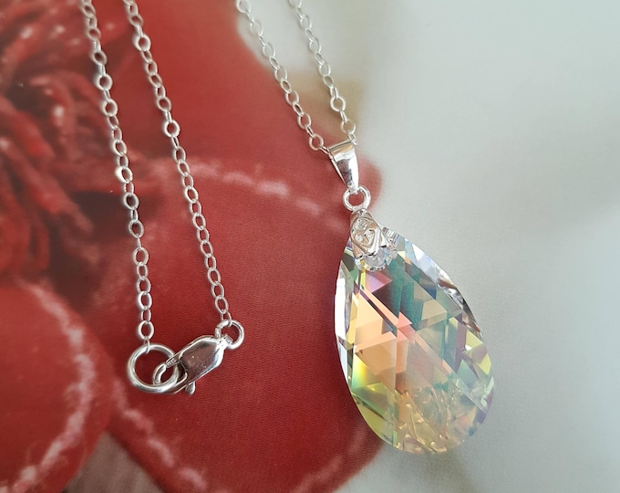 Silver AB crystal teardrop Necklace - large AB clear Primero crystal pendant  Sterling Silver chain customised length gift box for mum