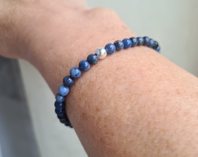 Blue Dumortierite stretch Bracelet Sterling Silver or 14K Gold Fill tiny 4mm blue gemstone bead bracelet - throat chakra calm jewellery gift