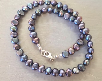 Peacock Freshwater Pearl necklace choker 925 Silver 7mm real AA irregular Peacock Baroque pearl  June Birthstone jewellery gift her or him