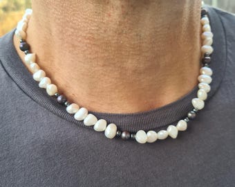 Freshwater Pearl necklace for men Black and white Baroque pearl necklace for him real pearl June Birthstone men's jewellery gift boyfriend