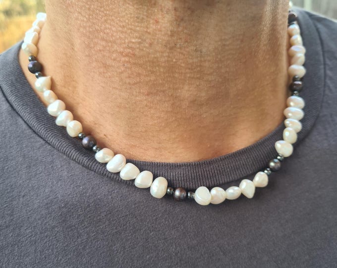 Freshwater Pearl necklace for men Black and white Baroque pearl necklace for him real pearl June Birthstone men's jewellery gift boyfriend