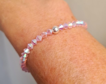 PINK AB crystal stretch bracelet Sterling Silver Gold Fill or diamante tiny light pink bead bracelet beaded stacking Crystal jewellery gift