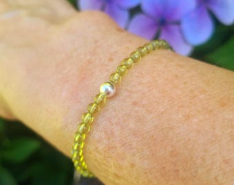 PERIDOT Stretch Bracelet Sterling Silver or Gold Fill tiny 3mm green gemstone bead bracelet healing jewellery August Birthstone jewelry gift