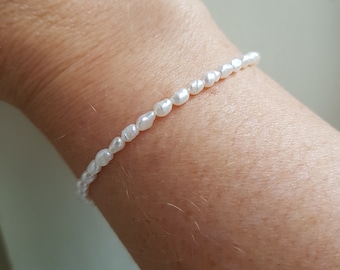 Tiny Freshwater seed Pearl Bracelet Sterling Silver small white real pearl Bracelet simple rice pearl bracelet Baroque pearl jewelry gift