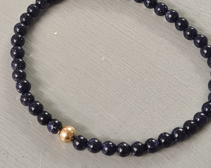BLUE GOLDSTONE stretch Bracelet with Sterling Silver or 14K Gold Fill accent bead - throat Chakra - healing jewellery gift