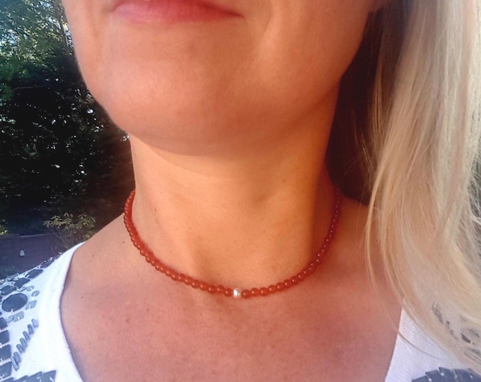 Tiny Carnelian choker necklace Sterling Silver or 14K Gold Fill red orange gemstone bead necklace July Birthstone Jewellery gift Chakra