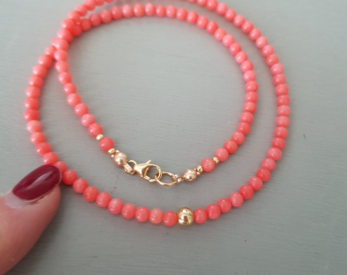 Tiny pink Coral necklace choker Sterling Silver or Gold Fill 4 mm pink gemstone bead necklace small beaded necklace Chakra jewellery gift