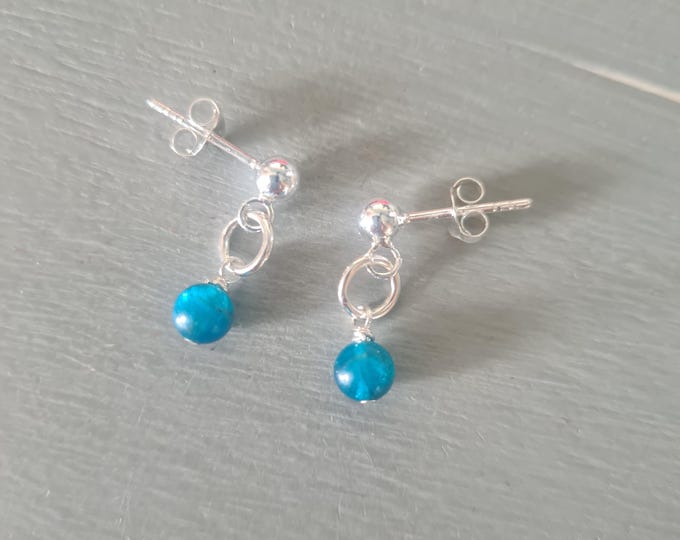 Tiny Blue Apatite earrings Sterling Silver or Gold Fill studs blue gemstone bead drop earrings throat Chakra jewellery gift for her girl mum