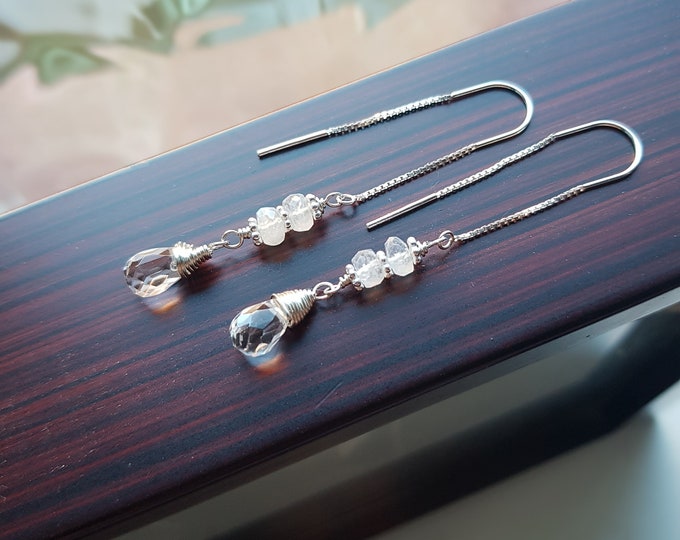 Sterling Silver threader earrings with clear Rock Crystal Quartz teardrops an Moonstones wire wrap earrings April June birthstone jewelry