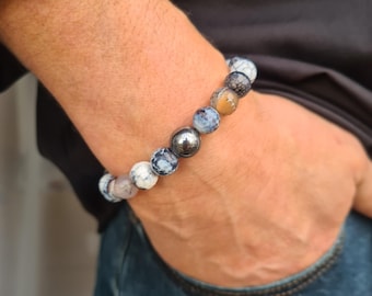 Men's bracelet chunky AGATE and Hematite 12mm grey brown gemstone bead bracelet BOHO bracelet stone stacking men's jewellery gift for him