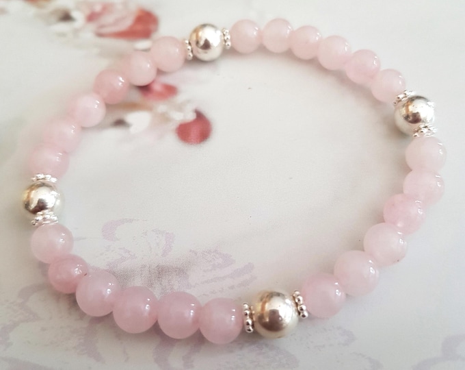 6mm Rose Quartz gemstone bead stretch Bracelet Sterling Silver or Gold FILL - January Birthstone jewellery gift mum girl her