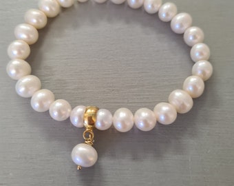 Large Freshwater Pearl stretch bracelet 24k Gold Vermeil 7mm real white pearl bracelet 30th Pearl wedding anniversary jewelry gift for wife