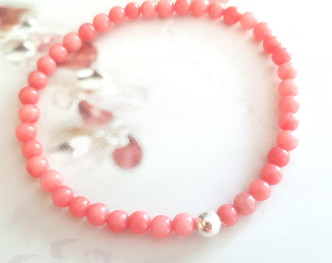 Tiny PINK JADE STRETCH Bracelet Sterling Silver Gold Fill 4mm pink gemstone bead Bracelet 4mm beaded Bracelet heart Chakra jewellery gift