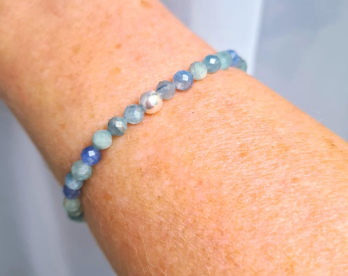 Tiny KYANITE stretch Bracelet Sterling Silver Gold Fill 4mm AA faceted Blue green GEMSTONE bead Bracelet beaded throat Chakra jewellery gift